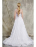 Plunging V Neck Beaded White Lace Tulle Illusion Back Wedding Dress